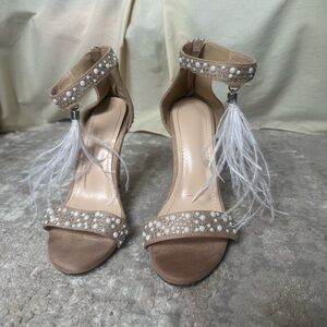 Elegant Tan Pearl-Embellished Women's Heels with white ostrich feather detail